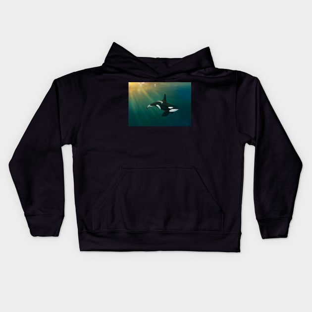 Orca underwater sunset scene Kids Hoodie by MoanaMatron